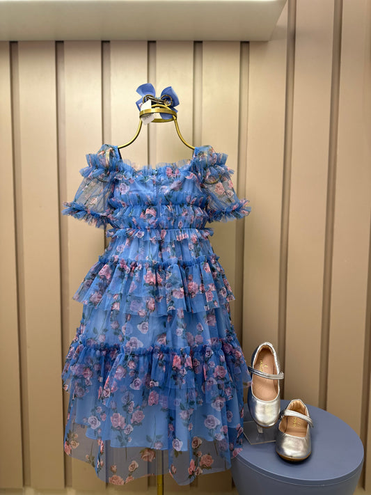 Vestido Infantil Midi Tule Floral Azul Babados - Luluzinha