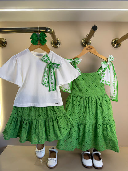 Conjunto Infantil Blusa Laço Estampado e Saia Bordado Verde - Momi