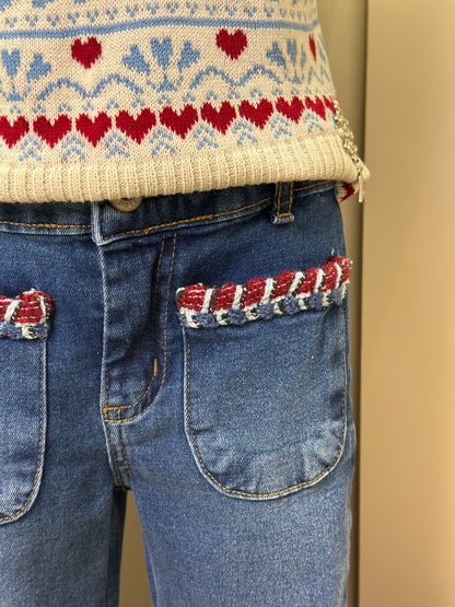 Conjunto Infantil Conceito Colete Tricot Corações e Calça Jeans Bolsos Bordados - Animê
