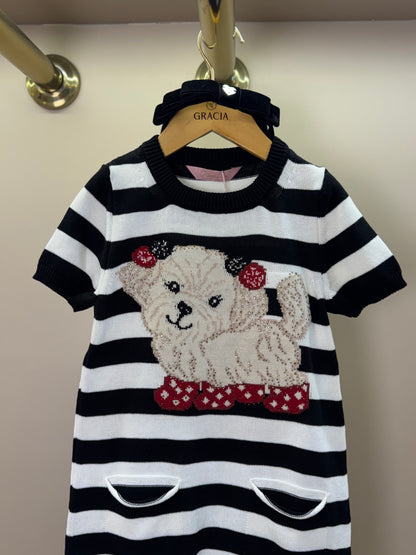 Vestido Infantil Tricot Listrado Cachorrinho Cristais - Pituchinhus