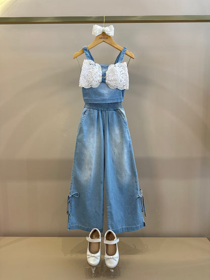 Conjunto Infantil Cropped Maxi Laço Renda e Calça Wide Jeans - Gabriela Aquarela