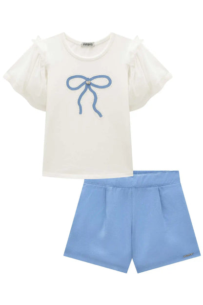 Conjunto Infantil Blusa Lacinho Manga Tule e Shorts Azul Médio - Infanti