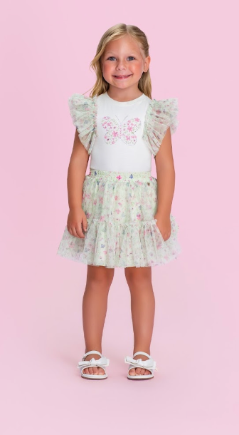 Conjunto Infantil Blusa Babados Tule e Saia Estampa Borboletinhas - Petit Cherie
