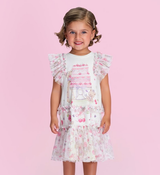 Vestido Infantil Estampado com Manguinhas em Tule Detalhes de Cereja - Petit Cherie