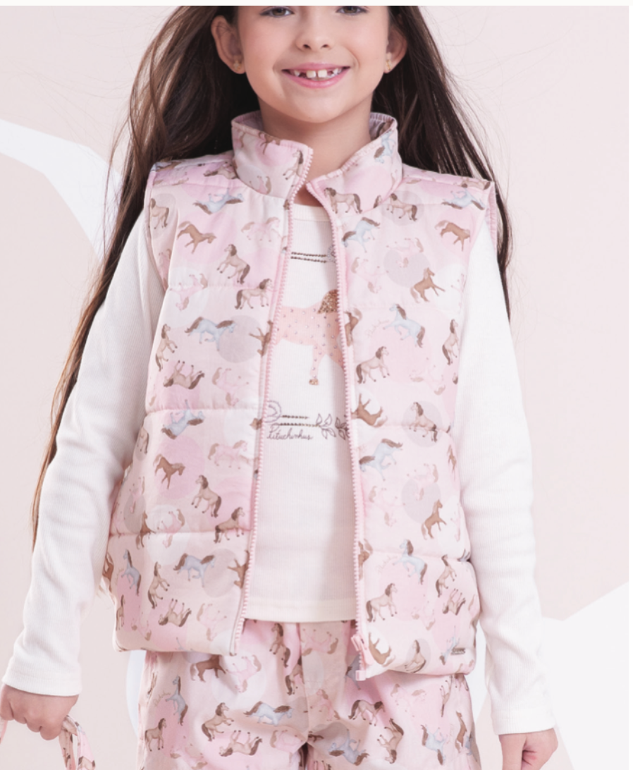 Conjunto Infantil Blusa Off White Cavalinho Cristal E Legging Tricot Xadrez Marrom - Pituchinhus