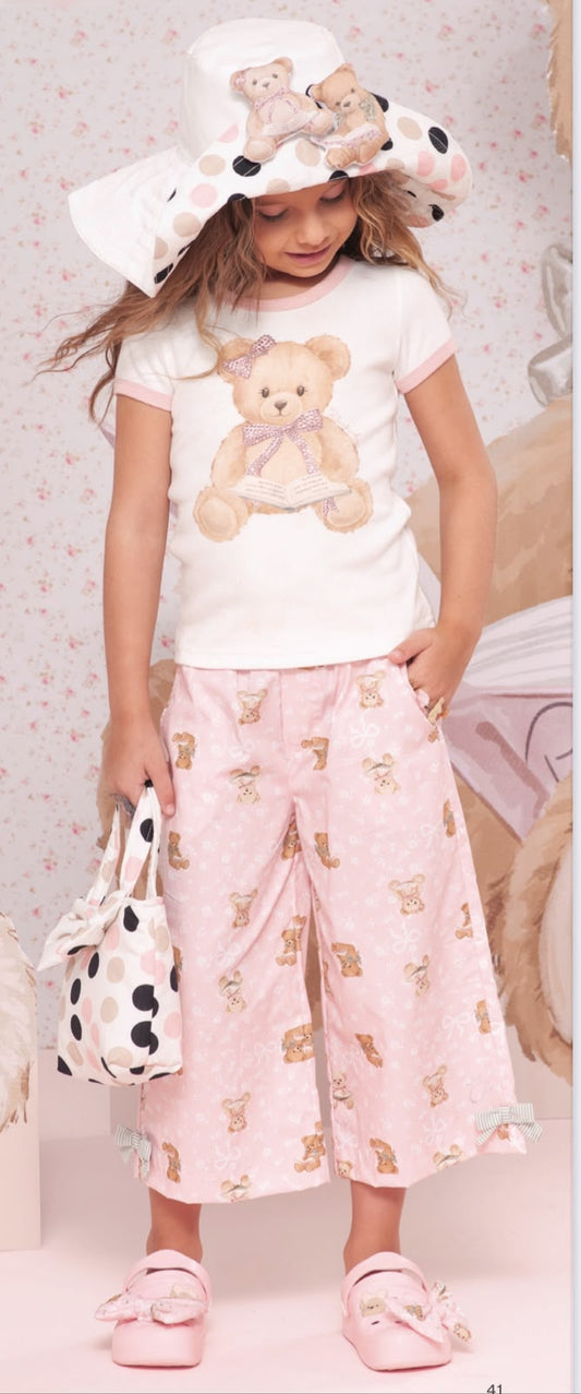 Conjunto Infantil Blusa  Algodão Estampa Ursinhos Com Babados e Lacinhos e Calça Pantacourt  - Pituchinhus