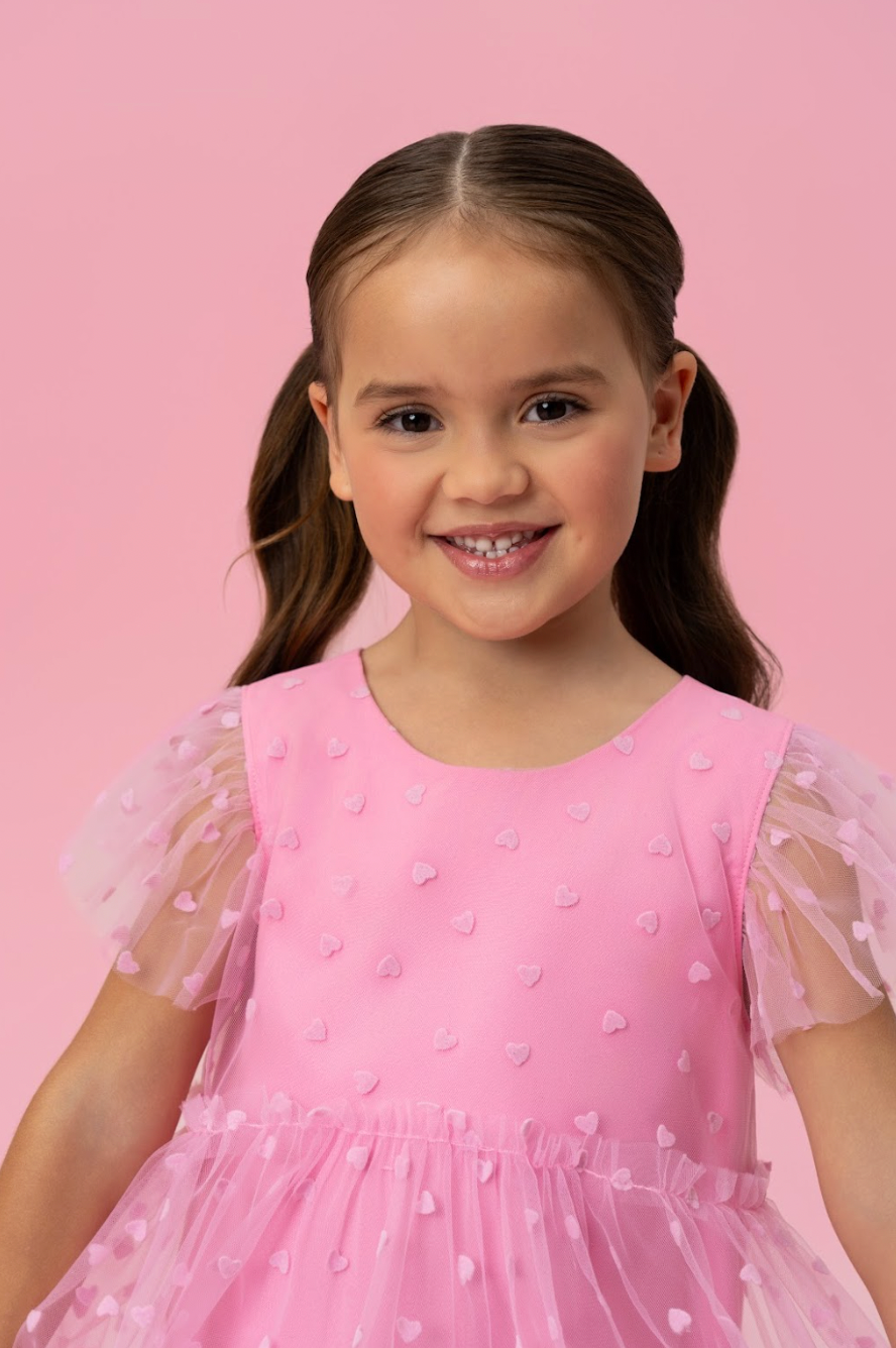 Vestido Infantil Trapézio Tule Corações Rosa Balé - Mon Sucré