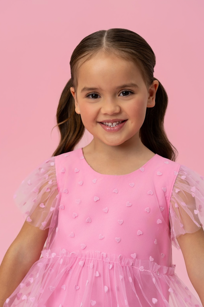 Vestido Infantil Trapézio Tule Corações Rosa Balé - Mon Sucré