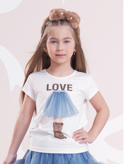 Blusa Infantil Cotton Menina Saia Tule Azul Love Off White - Pituchinhus