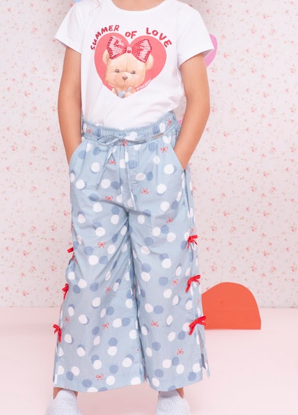 Conjunto Infantil Blusa Cotton Ursinha Calça Reta Estampa Poá Lacinhos Vermelho - Pituchinhus