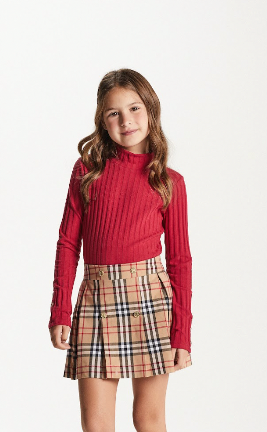 Conjunto Infantil Blusa ML Vermelha e Saia-shorts Alfaiataria Xadrez - Um Mais Um