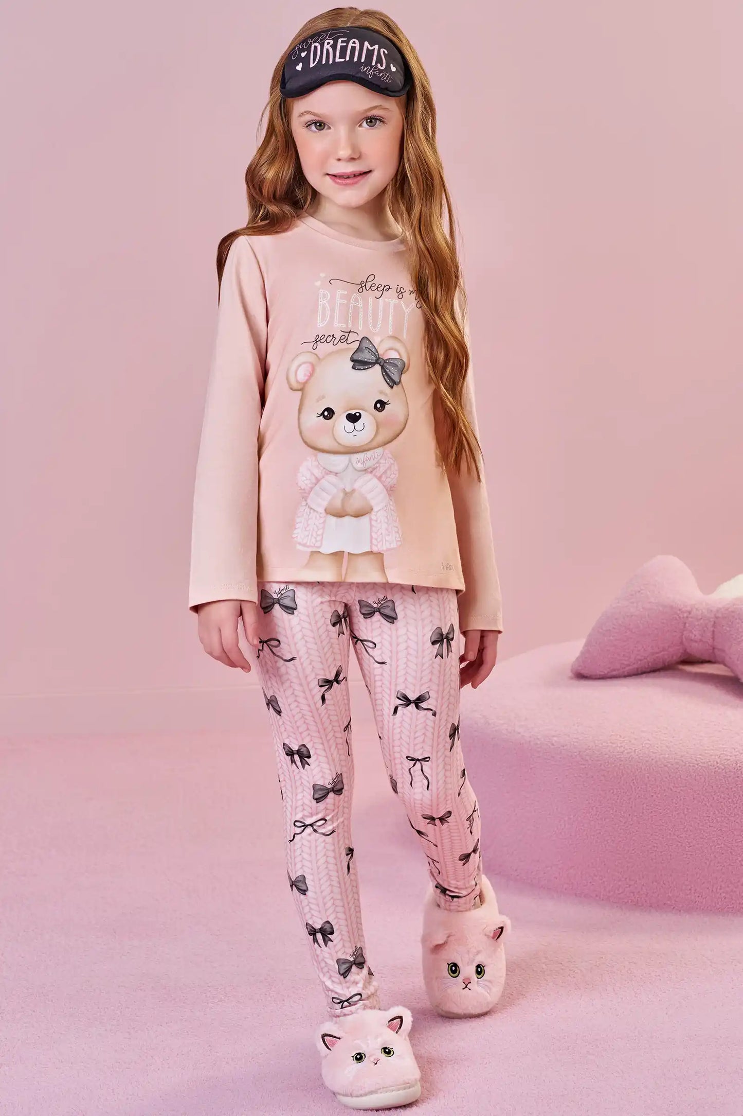 Pijama Infantil Blusa ML Ursinha Beauty e Calça Lacinhos Rosa Seda com Máscara - Infanti