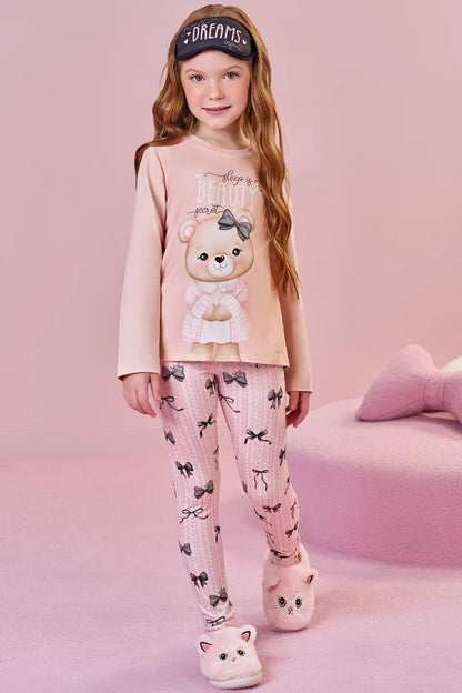 Pijama Infantil Blusa ML Ursinha Beauty e Calça Lacinhos Rosa Seda com Máscara - Infanti