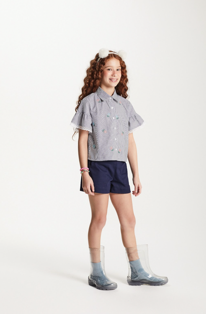 Conjunto Infantil Camisa Listrada Bordada e Shorts Sarja Marinho - Um Mais Um