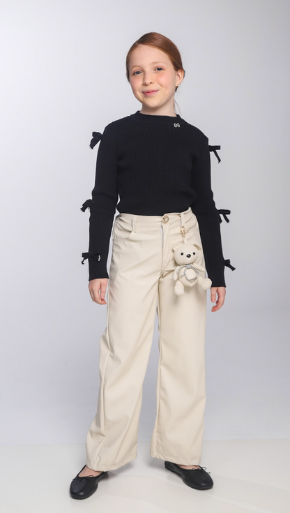 Conjunto Infantil Blusa Preta Lacinhos e Calça Wide Leg Couro Fake Bege - Luluzinha