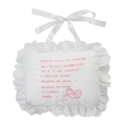 Almofada Bebê Oração Santo Anjo Rendada Bordado Rosa - Roana