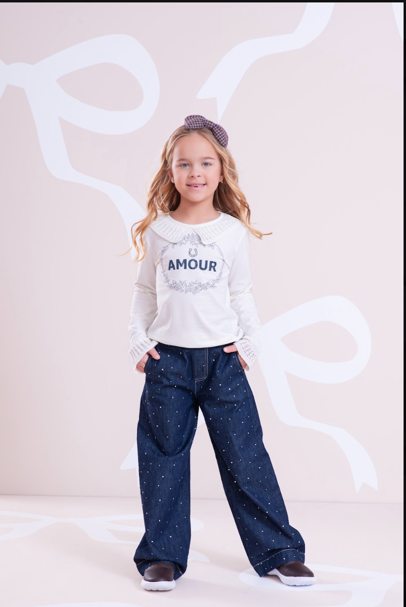 Conjunto Infantil Blusa Cotton Amour Cristal Off White e Calça Jeans Reta Cristais - Pituchinhus