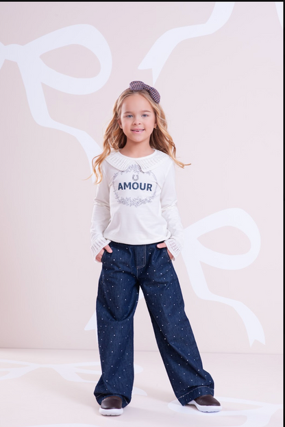 Conjunto Infantil Blusa Cotton Amour Cristal Off White e Calça Jeans Reta Cristais - Pituchinhus