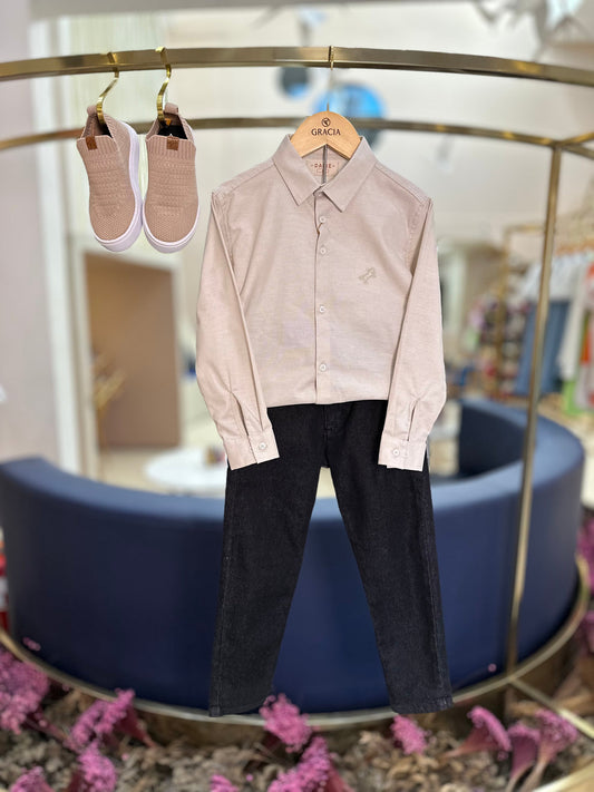 Conjunto Infantil Camisa Social Oxford Bege e Calça Social Sarja Flex Preta - Dame