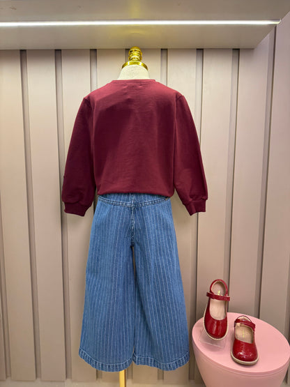 Conjunto Infantil Casaco  Over Hello Kitty Cranberry Juice e Calça Jeans Listrada Cós Duplo - Momi