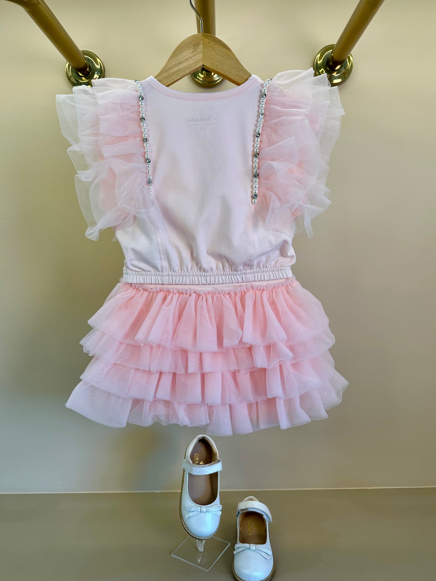 Conjunto Infantil Blusa Tule Bordado e Saia Babados Rosa Gelado - Pituchinhus