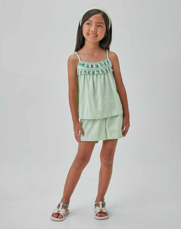 Conjunto Infantil de Linho Bata com Pala e Aviamento e Short Franzido - Beabá