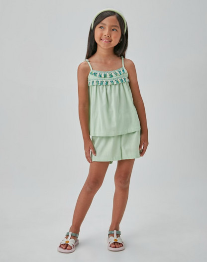 Conjunto Infantil de Linho Bata com Pala e Aviamento e Short Franzido - Beabá