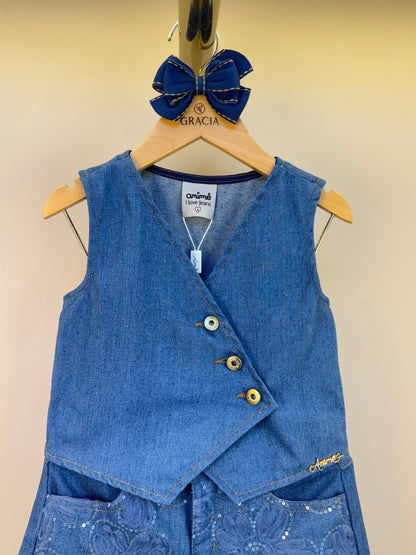 Conjunto Infantil Colete e Shorts Jeans Bordada Tule Flores - Animê