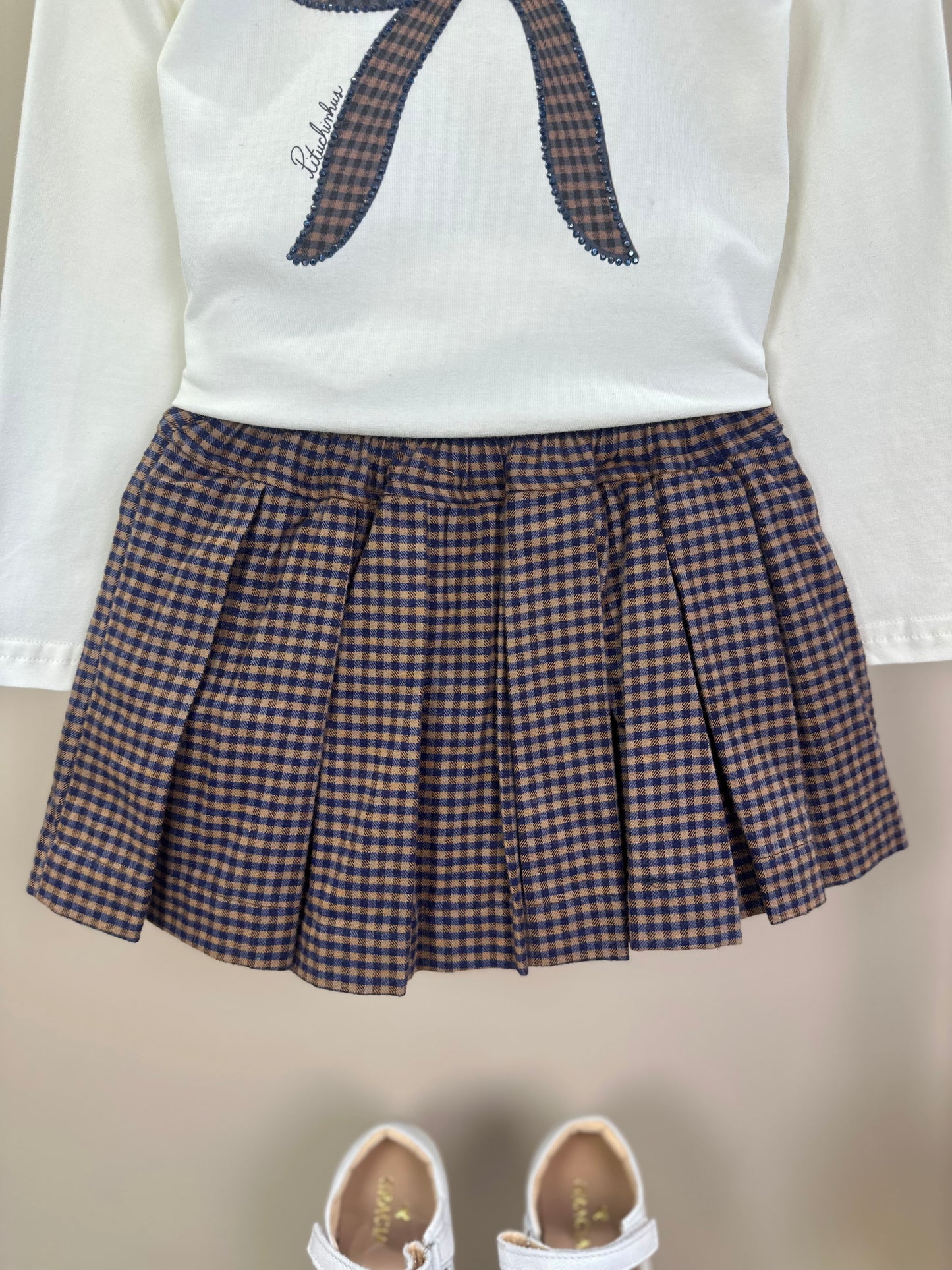 Conjunto Infantil Blusa Cotton Laços e Saia Xadrez com Pregas - Pituchinhus