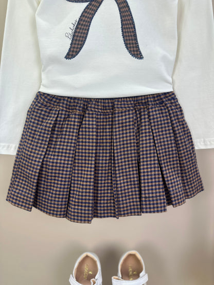 Conjunto Infantil Blusa Cotton Laços e Saia Xadrez com Pregas - Pituchinhus