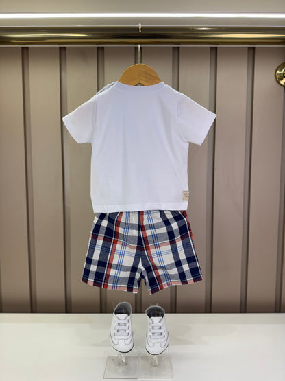 Conjunto Bebê Camiseta-Body Bear e Bermuda Xadrez Azul - Um Mais Um