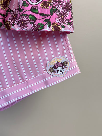 Conjunto Infantil Rosa Listrado Blusa Minnie Floral e Shorts - Animê
