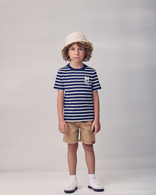 Conjunto T-Shirt Listrada e Bermuda Bege - Youccie