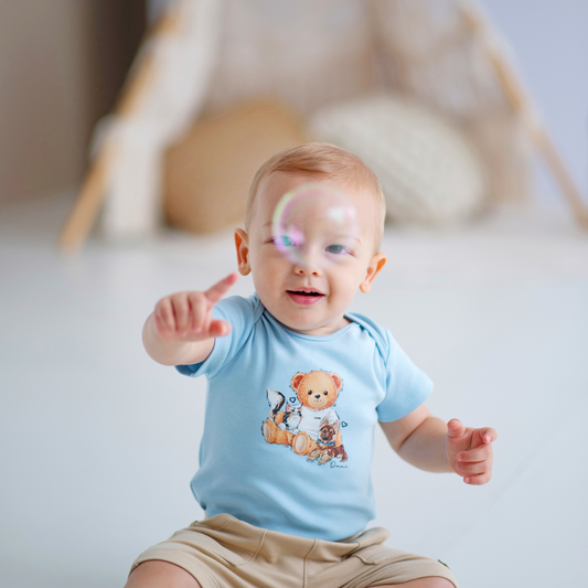Body Bebê Suedine Algodão Teddy Cachorrinhos Azul - Dame PRÉ-VENDA
