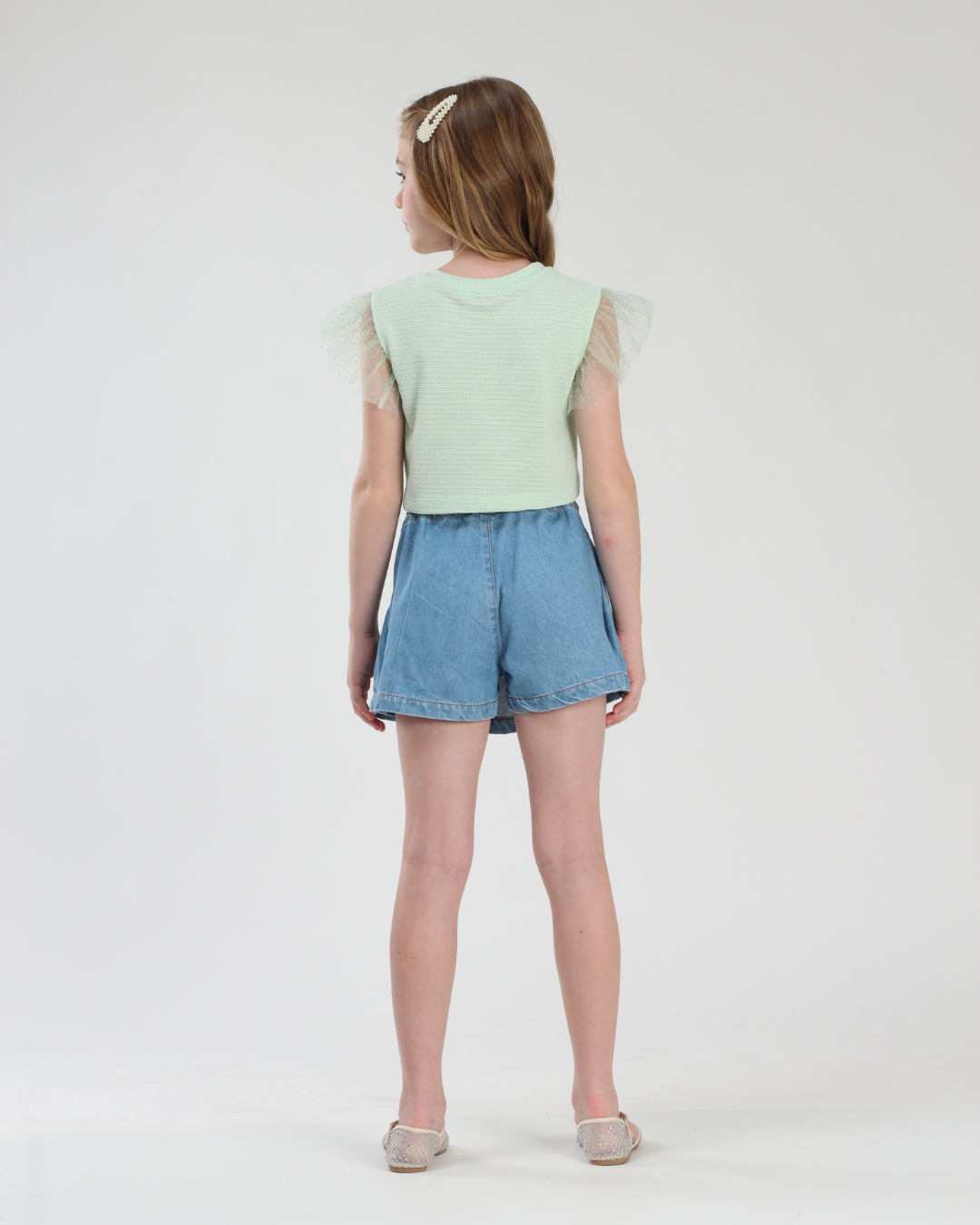 Shorts-saia Jeans com Pregas Cinto Pérolas e Coração - Luluzinha