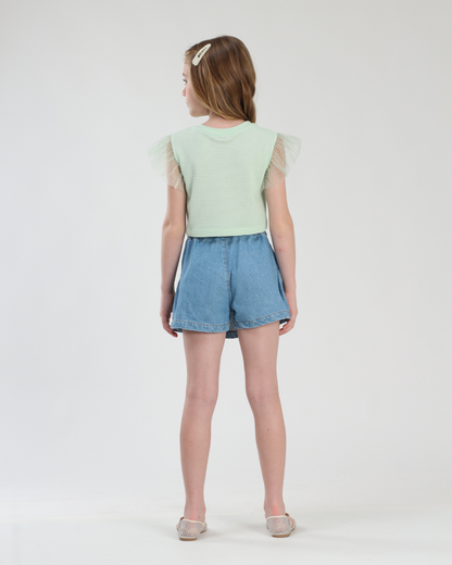Shorts-saia Jeans com Pregas Cinto Pérolas e Coração - Luluzinha