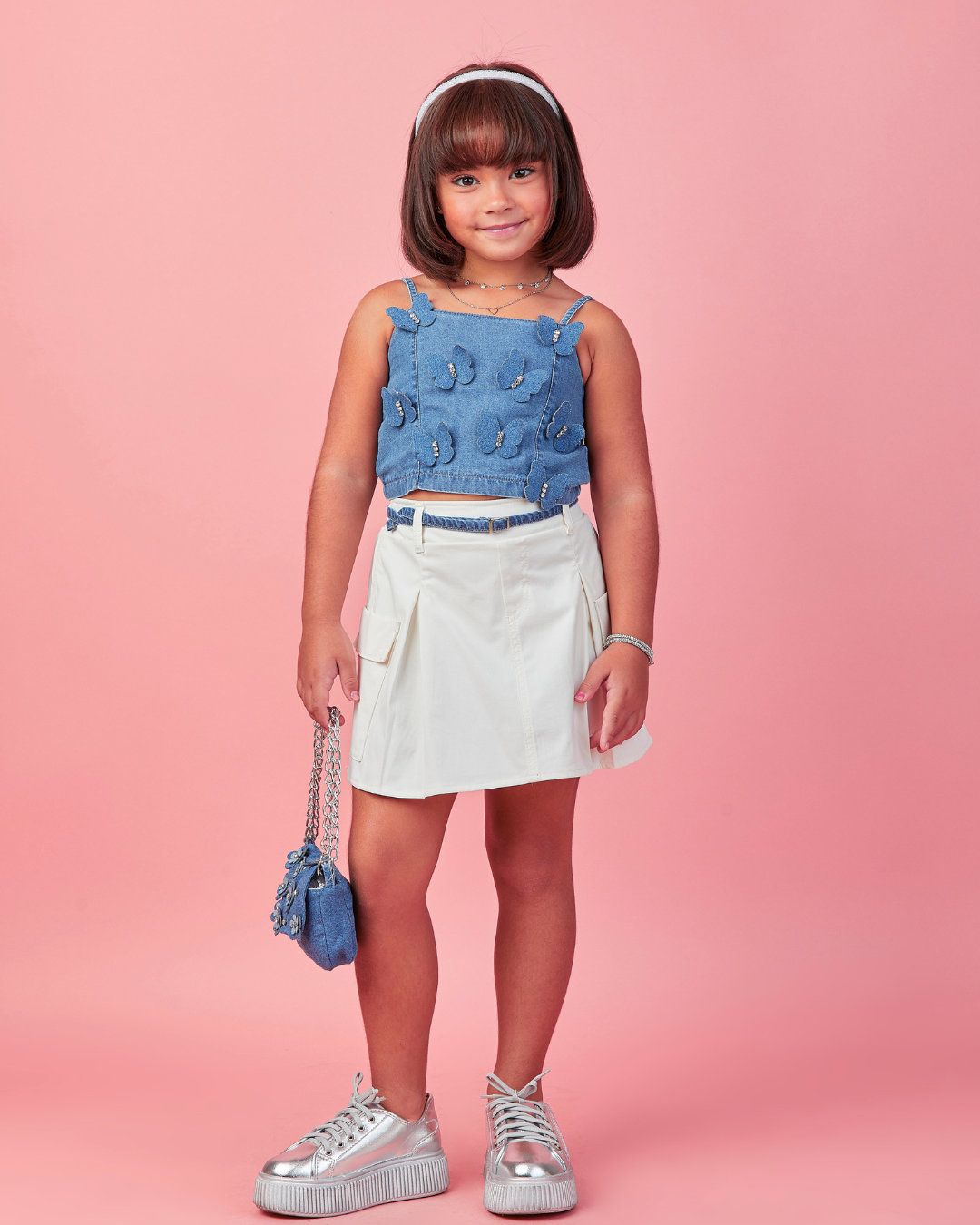 Conjunto Infantil Cropped Jeans Borboletas e Short-saia Cargo - Gabriela Aquarela