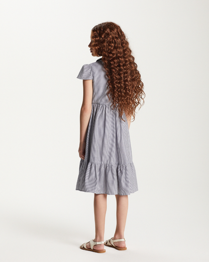 Vestido Infantil  Midi Tricoline Listrado Marinho - Um Mais Um PRÉ-VENDA