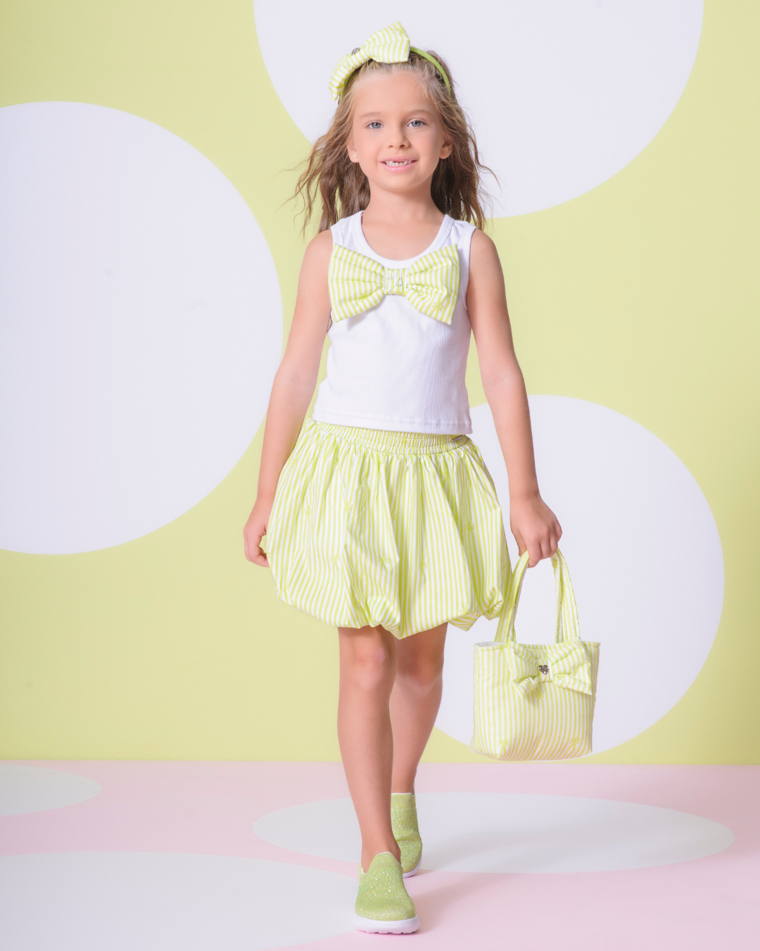 Conjunto Infantil Regata Cropped Maxi Laço Puffer Listrado e Saia-short Algodão Balonê Listrada - Pituchinhus