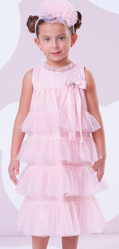 Vestido Infantil Tule Camadas Babados Laço Rosa Fada - Pituchinhus PRÉ-VENDA