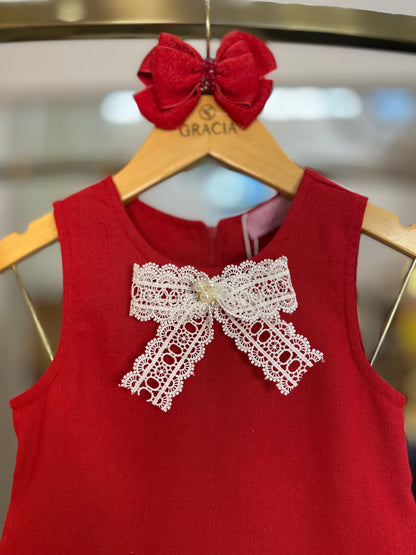 Vestido Infantil Trapézio Linho Vermelho - Luluzinha