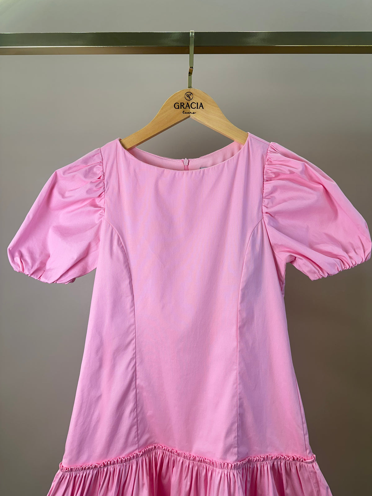 Vestido Teen Tricoline Rosa Com Mangas Bufantes - Authoria
