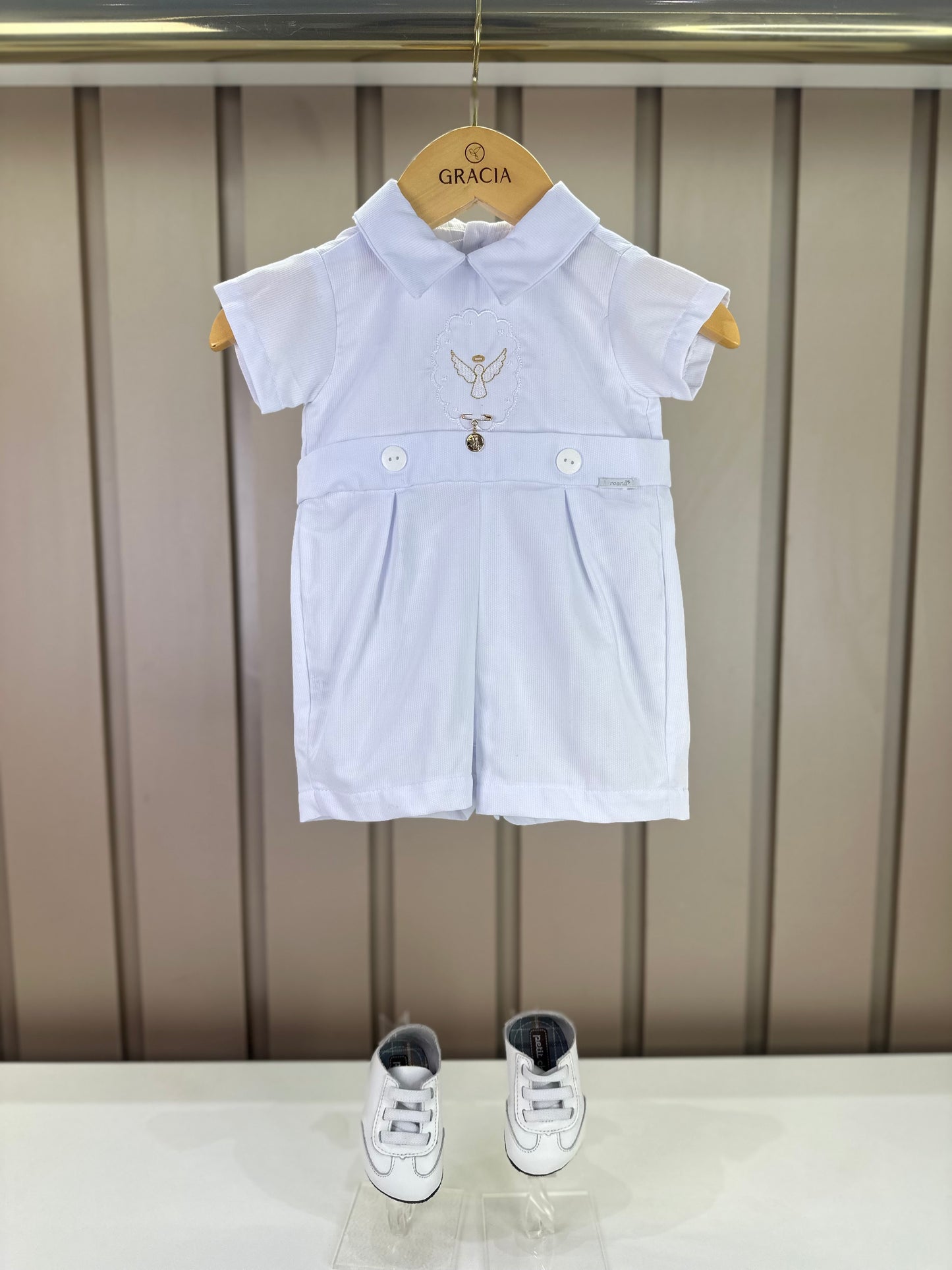 Macaquinho Bebê Batizado Bordado Dourado com Medalha Branco - Roana
