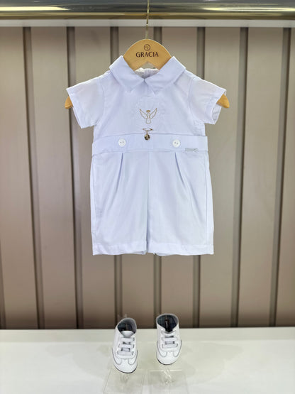 Macaquinho Bebê Batizado Bordado Dourado com Medalha Branco - Roana