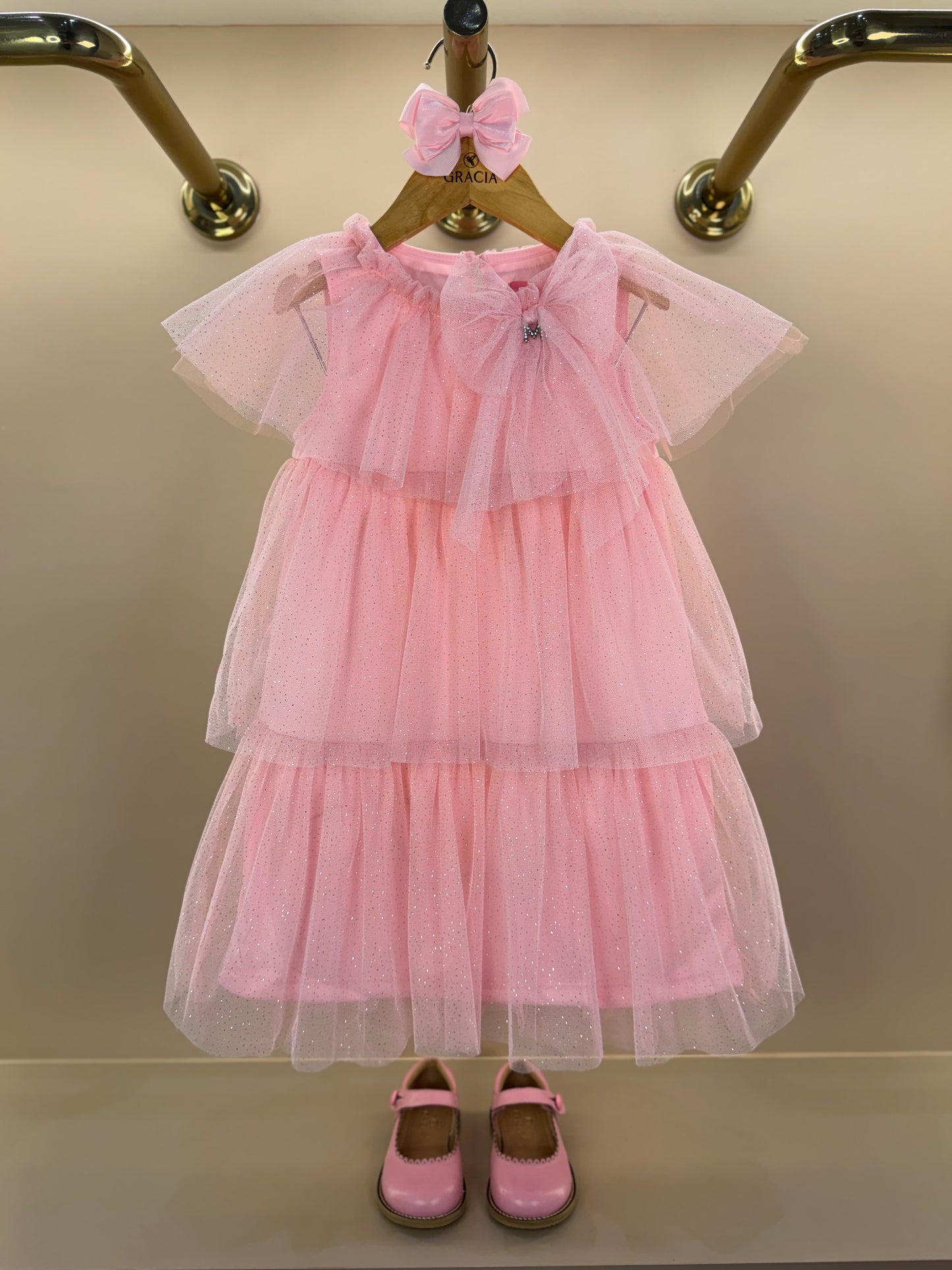Vestido Infantil Tule Babados & Laço Rosa - Momi