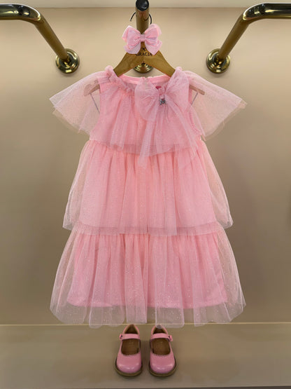 Vestido Infantil Tule Babados & Laço Rosa - Momi