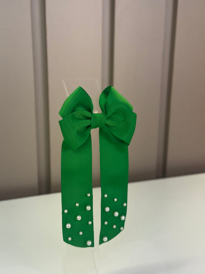 Laço Infantil Special Alongado Verde Folha Pérolas Tam. M - Gracia