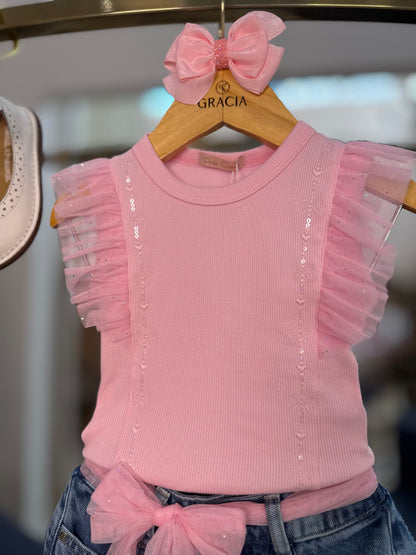 Conjunto Infantil Blusa Rosa Tule e Saia Jeans Bordada - Petit Cherie