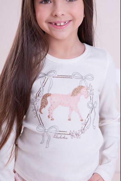 Conjunto Infantil Blusa Rib Moldura Cavalinho Cristal Off White e Shorts Cavalinhos Rosa - Pituchinhus
