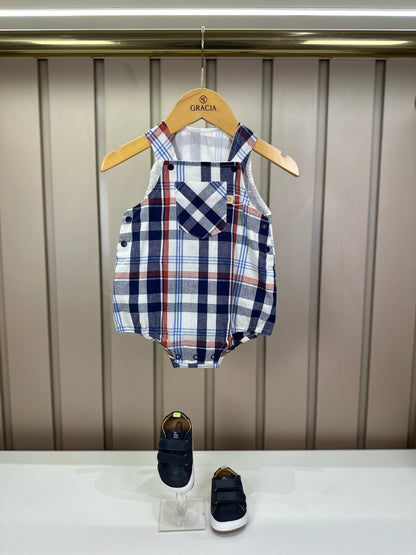 Romper Bebê Fofinho Tricoline Xadrez Fio Tinto Azul - Um Mais Um